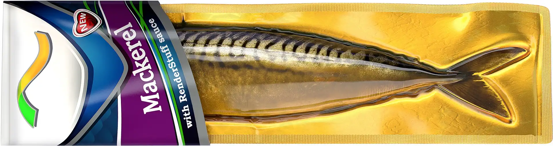 Ultraphotorealistic 3d-rendering of smoked mackerel fish in plastic packaging.