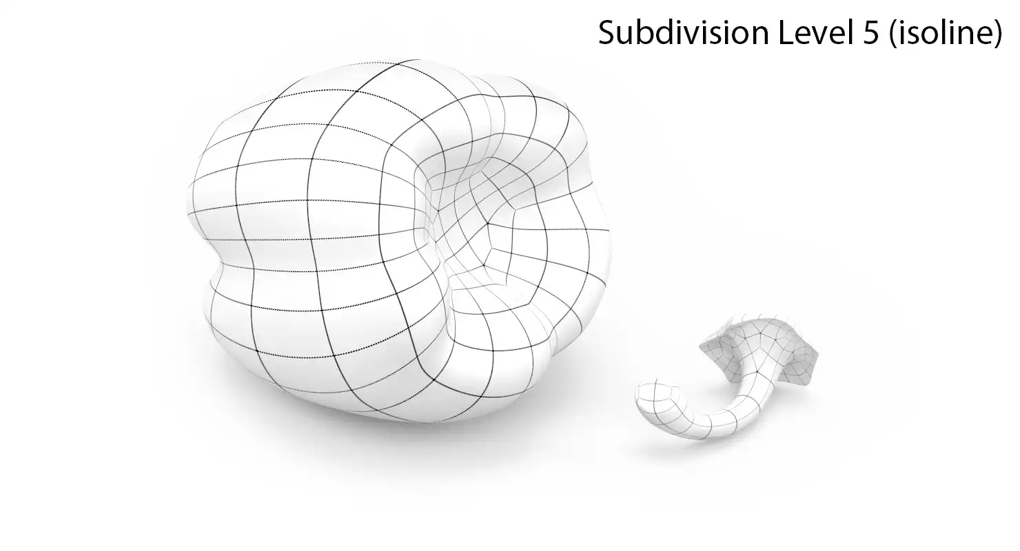 Wireframe render of the red bell pepper 3d model with TurboSmooth modifier in isolane display mode and 5 subdivision iterations applied.