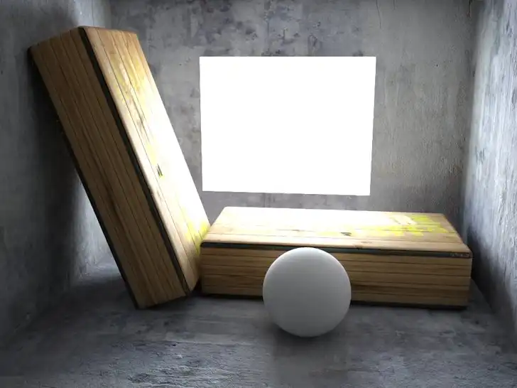 Two wooden boxes and a sphere. 3D rendering in 3ds Max & V-Ray with Gamma 1.0. Lack of gamma correction compensated with excessive lighting multipliers and creates renders with over-bright spots.