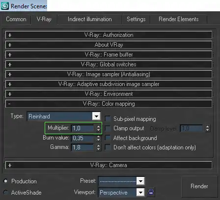Screenshot of 3ds Max Render Scene dialog showing 'V-Ray:: Color Mapping' rollout with 'Multiplier' property highlighted.