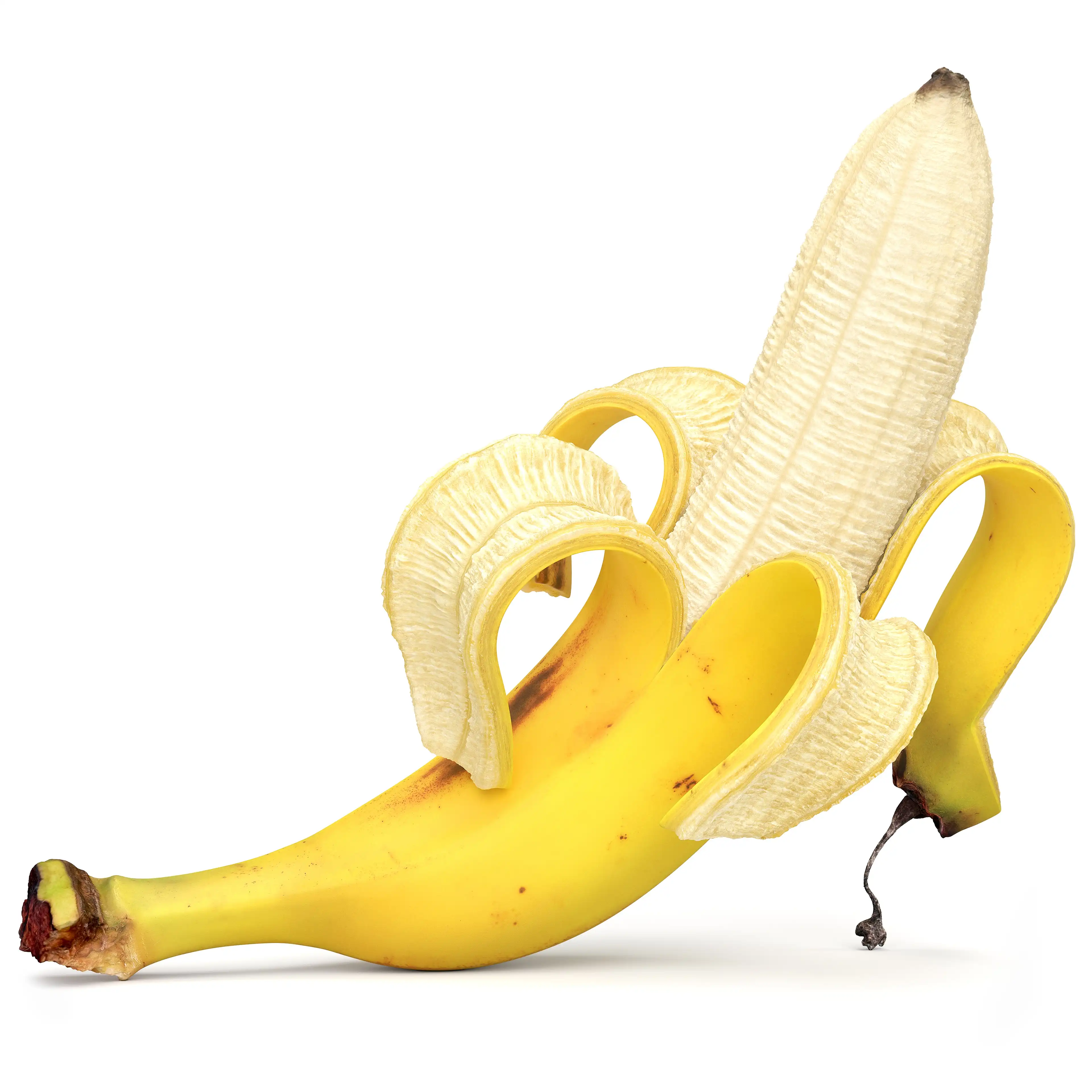Scanned photorealistic peelable banana 3D model studio render on white background.